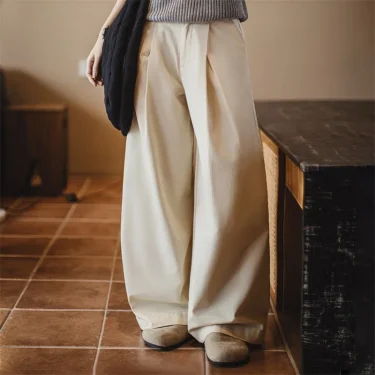 Maden Vintage Pleated Beige Wide-Leg Pants Women's Spring&Summer Straight Floor-Length Trousers Versatile Casual Palazzo Pants 2