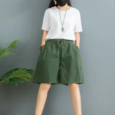 Summer Women's Cotton Linen Wide-leg Shorts Fashion Solid Joker Casual Elastic Waist Lace-up Short Pants Holiday Beach Shorts 1