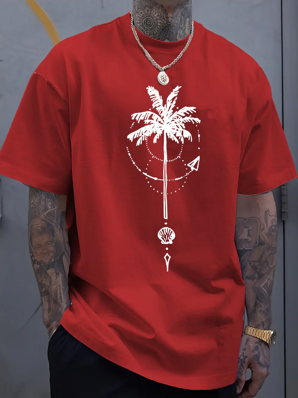 Men's summer 100 cotton fashionable sports casual loose coconut tree pattern printed round neck short sleeved T-shirt top 2