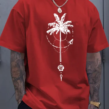 Men's summer 100 cotton fashionable sports casual loose coconut tree pattern printed round neck short sleeved T-shirt top 2