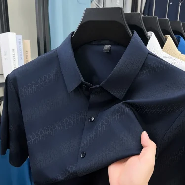Ice Silk Cool Short Sleeved Shirt for Men in Summer, Thin Elastic Shirt with Diagonal Stripes, Casual Men's Half Sleeved Shirt 4