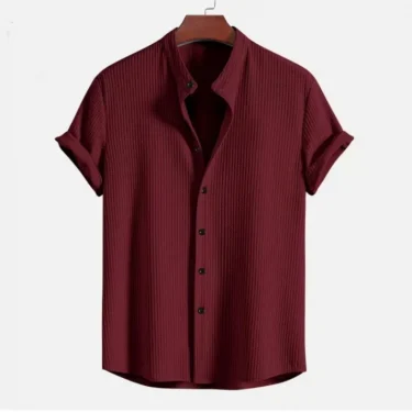 Men's business casual beach short-sleeved T-shirt and shirt, summer fashion trend retro solid-color cardigan jacquard shirt top 3
