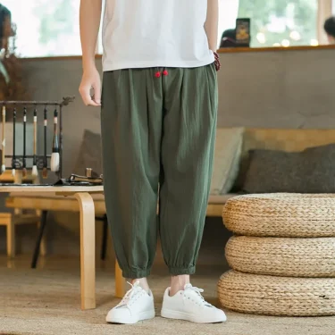Men's Casual Solid Color Harem Pants Cotton and Linen Loose Oversize Beach Pants Jogger Sweatpants Male Wide Leg Trousers 4