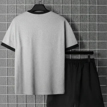 Short Sleeve Shorts Set, White t-shirt and Black Drawstring Shorts Sets, Men's Set 1