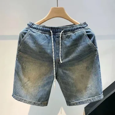 American Casual Loose Denim Shorts Men Trendy Brand Three-quarter Pants Summer Versatile Drawstring Straight Pants 1