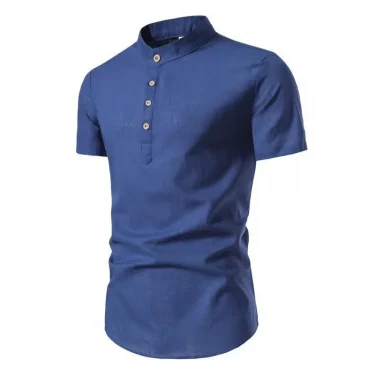 Men's casual short-sleeved stand-up collar vintage solid color shirt 2