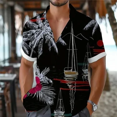 Men's coconut tree boat shirt summer Hawaiian shirt short sleeve lapel shirt fashion streetwear outdoor street casual 2