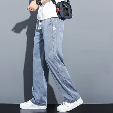 Spring/Summer New Soft Lyocell Fabric Men's Jeans Thin Loose Straight Leg PantsDrawstring Elastic Waist Korean casual pants 2