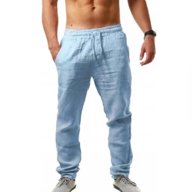 Men's Cotton Linen Pants Summer Solid Color Breathable Linen Trousers Male Casual Elastic Waist Fitness Pants Hip-Hop Streetwear 4