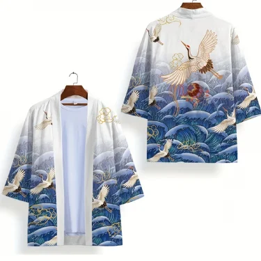 Animal Bird Patterns Crane Waves Asian Traditional Costume Print Kimono Men Women Yukata Haori Harajuku Cosplay Cardigan Costume 2