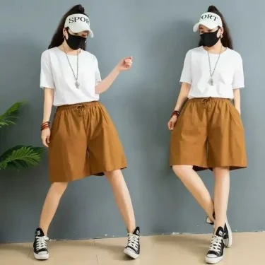 Summer Women's Cotton Linen Wide-leg Shorts Fashion Solid Joker Casual Elastic Waist Lace-up Short Pants Holiday Beach Shorts 3
