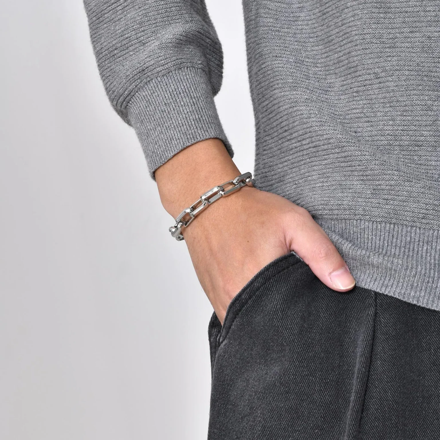 Casual Rectangle Chain Bracelets for Men Boys,Silver Color Stainless Steel Wristband,Punk Anniversary Jewelry Gifts 3