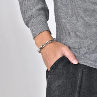Casual Rectangle Chain Bracelets for Men Boys,Silver Color Stainless Steel Wristband,Punk Anniversary Jewelry Gifts 3