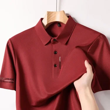 New Men's Business Casual Short Sleeved Shirt with Badge Solid Color Polo Shirt Fashionable Breathable Comfortable Versatile Top 4
