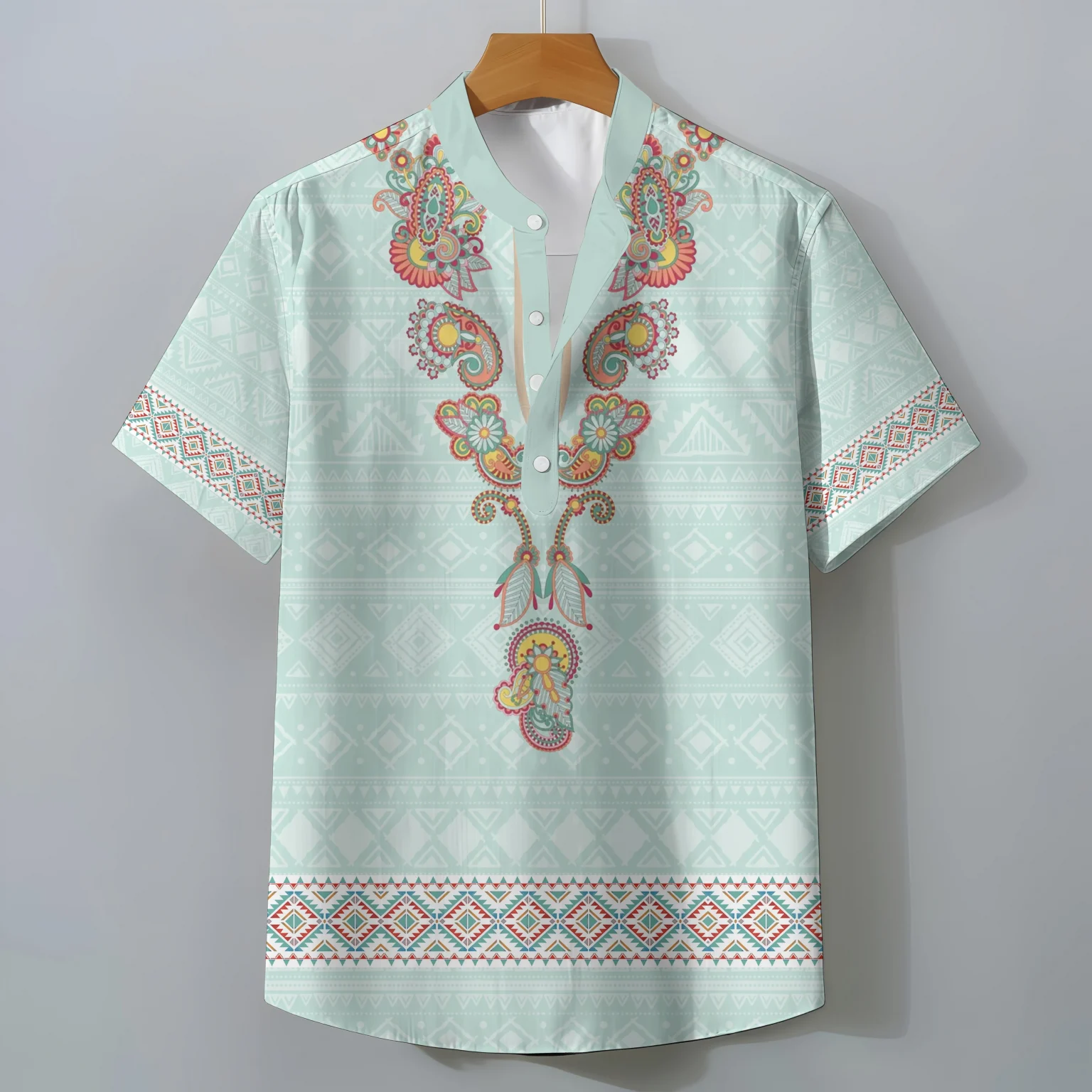 Exotic Ethnic Print Oversized Men's Retro Short Sleeve Shirt Casual Loose Summer Top Comfortable Fashionable Clothing Tee 3