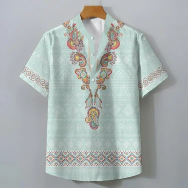 Exotic Ethnic Print Oversized Men's Retro Short Sleeve Shirt Casual Loose Summer Top Comfortable Fashionable Clothing Tee 3