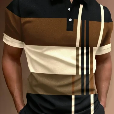 2025 Men'S Casual Geometric Print Knit Polo-Style Shirt with Lapel Collar and Slight Stretch -Polyester Material - Regular Fit 2