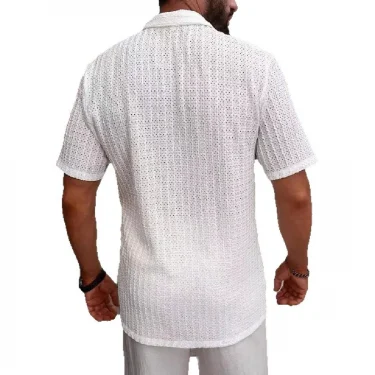 Summer's new fashionable and luxurious solid-color perforated breathable men's knitted short-sleeved shirt 2