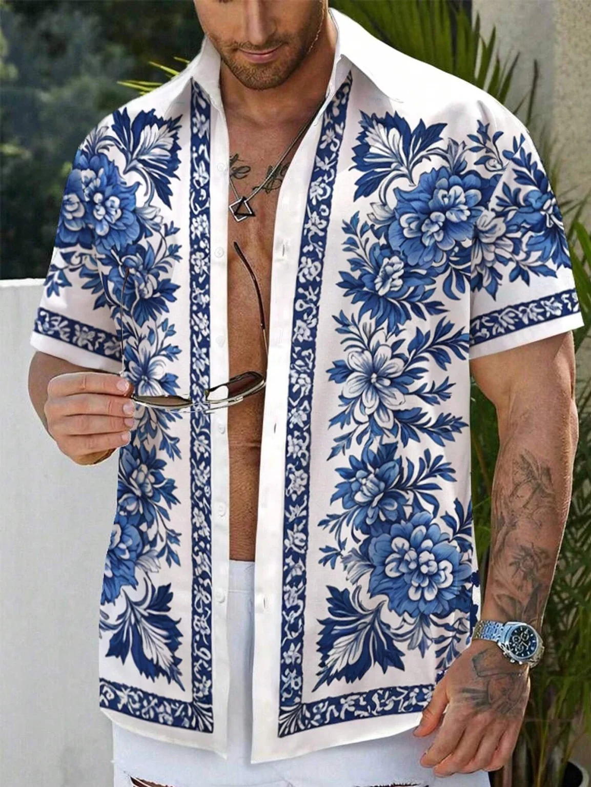 Men'S Summer Printed Vacation Shirt T-Shirt Loose Casual Button Cardigan Fashionable And Handsome Half Sleeved Men'S Top 1