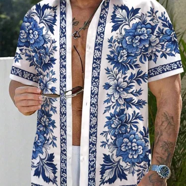 Men'S Summer Printed Vacation Shirt T-Shirt Loose Casual Button Cardigan Fashionable And Handsome Half Sleeved Men'S Top 1