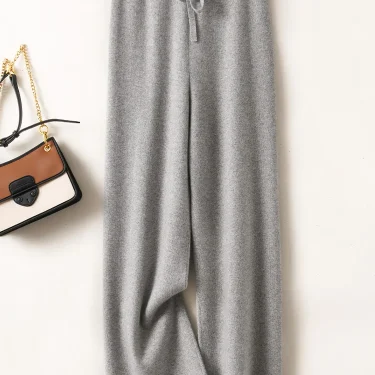 Autumn Winter Women's Cashmere Wide Leg Pants Basic Soft Casual Sashes Trousers 100% Merino Wool Knitwear Korean Popular Pants 3
