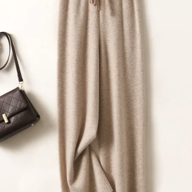 Autumn Winter Women's Cashmere Wide Leg Pants Basic Soft Casual Sashes Trousers 100% Merino Wool Knitwear Korean Popular Pants 2