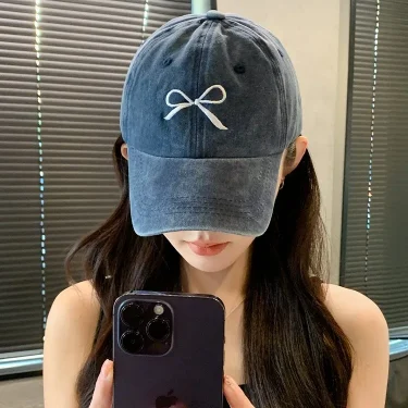 Pink Bow Baseball Cap for Women Y2K Korean Washed Denim Snapback Hat Summer Adjustable Embroidered Girls Dad Hats 2