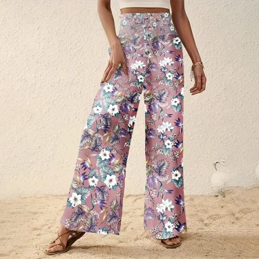 Boho Fashion Floral Printed Wide Leg Pants Women Casual Elastic High Waist Straight Trouser Beach Vocation Plus Size Loose Pants 5