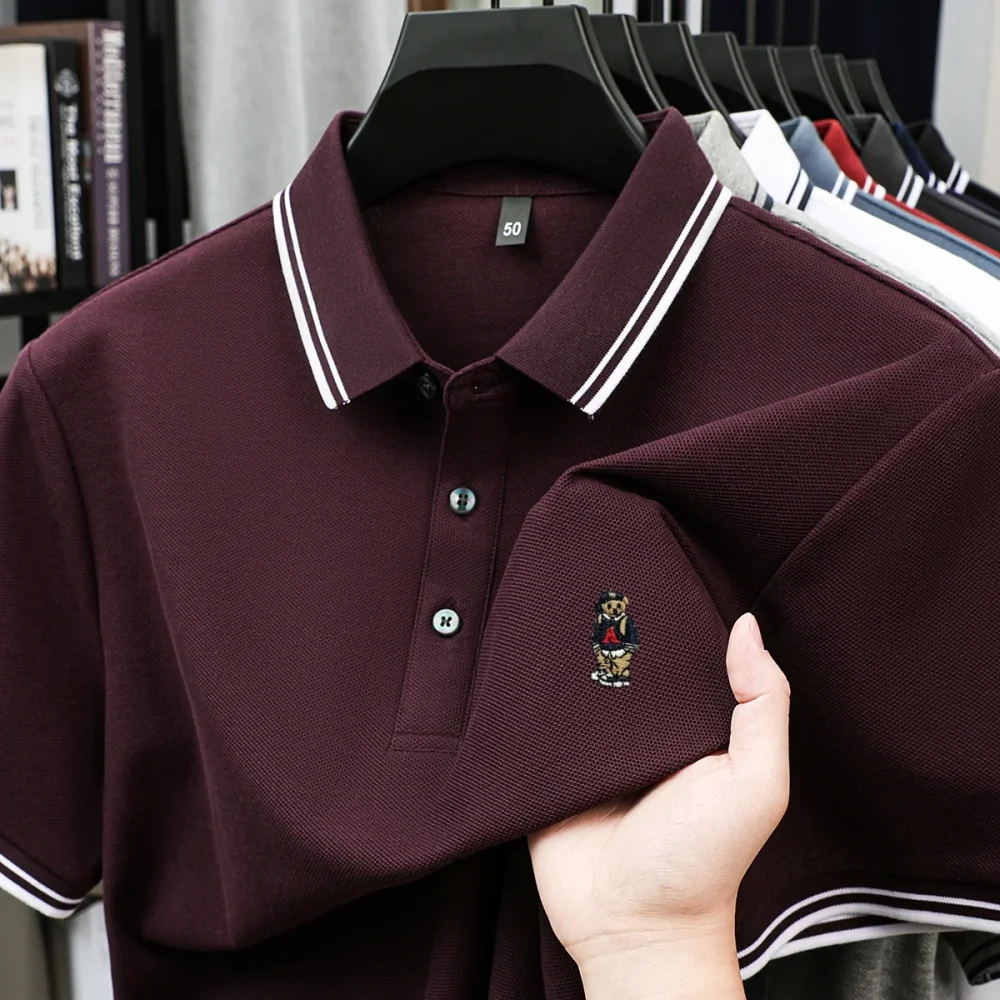 Fashion cartoon bear embroidery 100% cotton short sleeve polo shirt brand new stripe decoration lapel T-shirt comfort men's wear 3