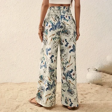 Boho Fashion Floral Printed Wide Leg Pants Women Casual Elastic High Waist Straight Trouser Beach Vocation Plus Size Loose Pants 3