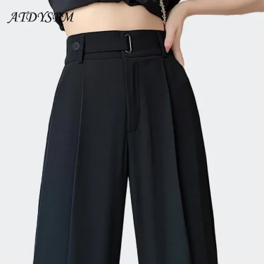 New Spring Summer Loose Wide Leg Pants Women Elegant Pleated High Waist Draped Straight Long Trousers Female Office Suit Pants 2