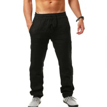 Men's Cotton Linen Pants Summer Solid Color Breathable Linen Trousers Male Casual Elastic Waist Fitness Pants Hip-Hop Streetwear 3