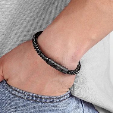 XQNI Punk Threaded Button Metal Weaving Bracelet for Men Women Stainless Steel Twining Classic Style Charm Black High Quality 4