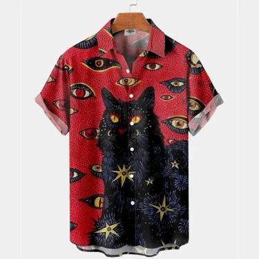 Cartoon Animal Cat Print men's Shirts Summer Anime Vintage Clothing Lapel Hawaiian Beach Shirt Men's Casual Short Sleeved Tops 1