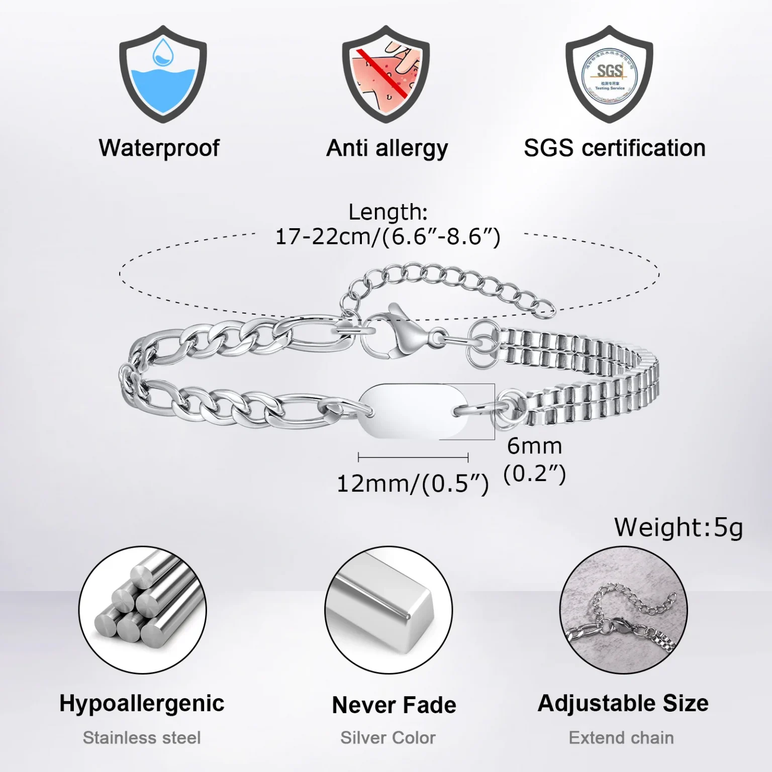 Vnox A-Z Initial Bracelets for Men Women, Never Fade Figaro Chain, Double Layered Box Link Chain Bracelets, Name Gift for Him 3