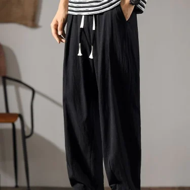Japenese Cotton Linen Pants Men Summer Straight Casual Ice Silk Sweatpants Male Wide leg Oversize Linen Trousers 2024 New 2