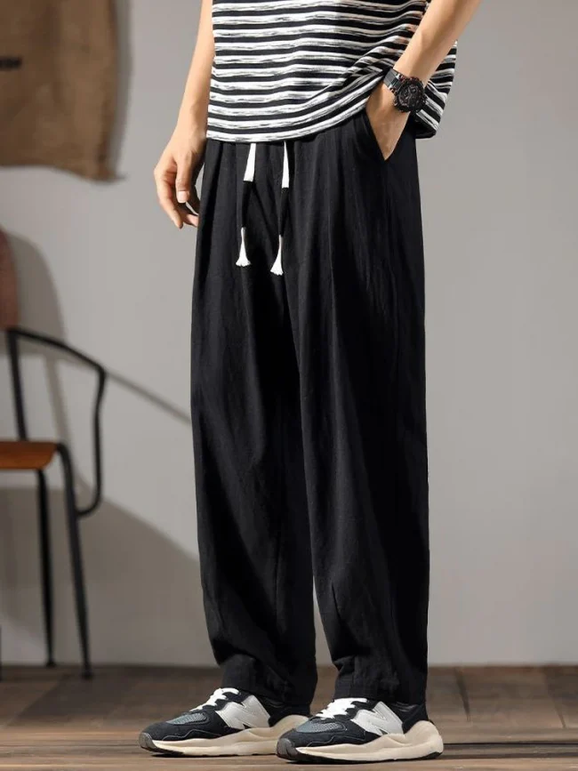 Japenese Cotton Linen Pants Men Summer Straight Casual Ice Silk Sweatpants Male Wide leg Oversize Linen Trousers 2024 New 2