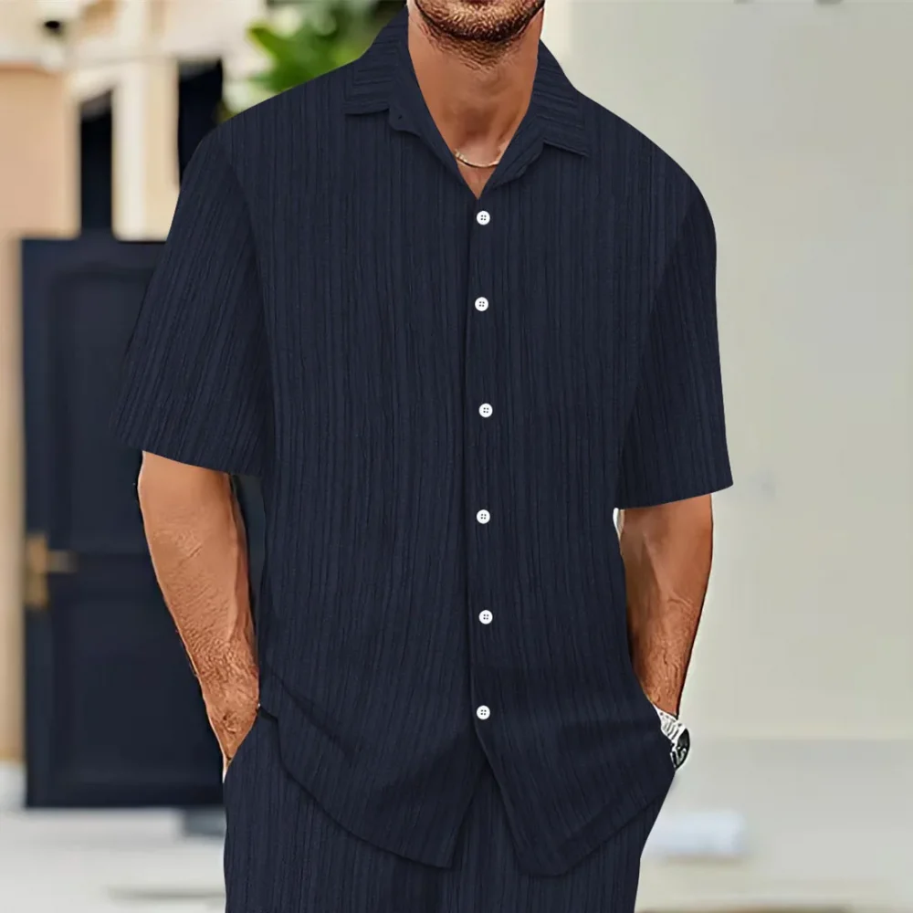 Hot Sale Men's Short-Sleeved Shirts Summer Solid Color Turn-down collar Casual Beach Style Plus Size 3