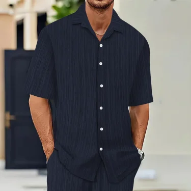 Hot Sale Men's Short-Sleeved Shirts Summer Solid Color Turn-down collar Casual Beach Style Plus Size 3