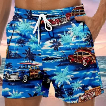 3D car print men's casual shorts Tropical summer vitality style fashion shorts, quick-drying and comfortable close-fitting 3