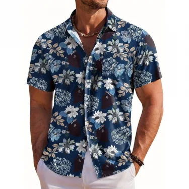 Men's Short Sleeve Shirt Hawaiian Botanical Flower Print Lapel Seaside Button-Down Shirt Top Casual Fashionable Shirts 5