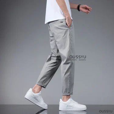 Summer Cotton Blend Ankle Length Pants Men Thin Elastic Waist Korean Casual Slim Jogger Classic Khaki Trousers Male Plus Size 40 4