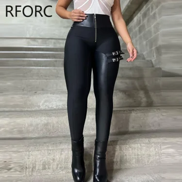 2023 Women Chic Pu Leather Patchwork High Waist Zipper Bandage Skinny Black Pencil Pants 3