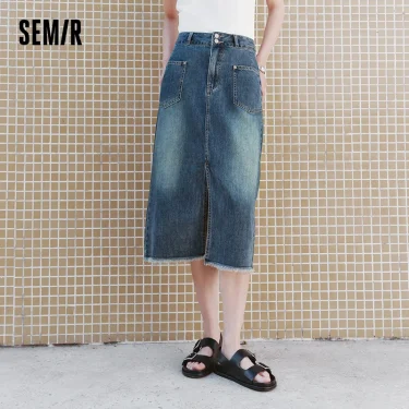 Semir Women High-Waisted Denim Skirt 2025 Summer Split Straight Cut for Casual Daily Look or Weekend Style 1