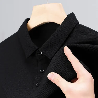 Men's Fashion Waffle Solid Long Sleeved Polo Shirt Summer Breathable Comfortable Top 3