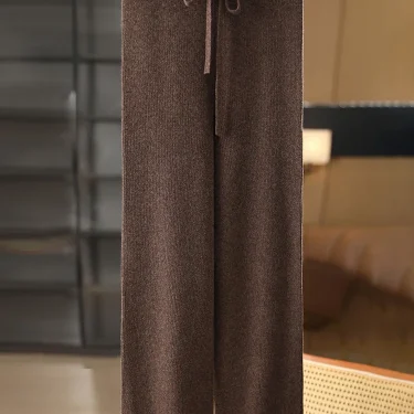 Women’s Wool Wide Leg Pants Striped Elastic Waist Cashmere Autumn Winter Chic Simple 100% Merino Wool Knitwear Casual Trousers 1