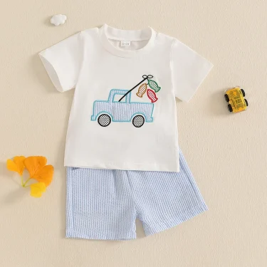 Baby Boys Shorts Set Short Sleeve Embroidery Car Fish T-shirt with Striped Shorts Summer 2 Pieces Outfits 1