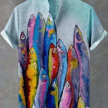 Summer Men's Casual Sea Life Graphic Short Sleeved Shirt Button Down Lapel Shirts Oversized Tops Casual Hawaiian Shirt for Men 4