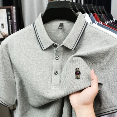 Fashion cartoon bear embroidery 100% cotton short sleeve polo shirt brand new stripe decoration lapel T-shirt comfort men's wear 1