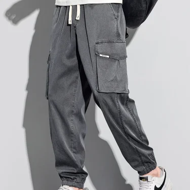 Summer Soft Lyocell Fabric Cargo Pants Men Elastic Waist Baggy Y2k Korean Side Pockets Jogging Work Casual Harem Trousers New 1